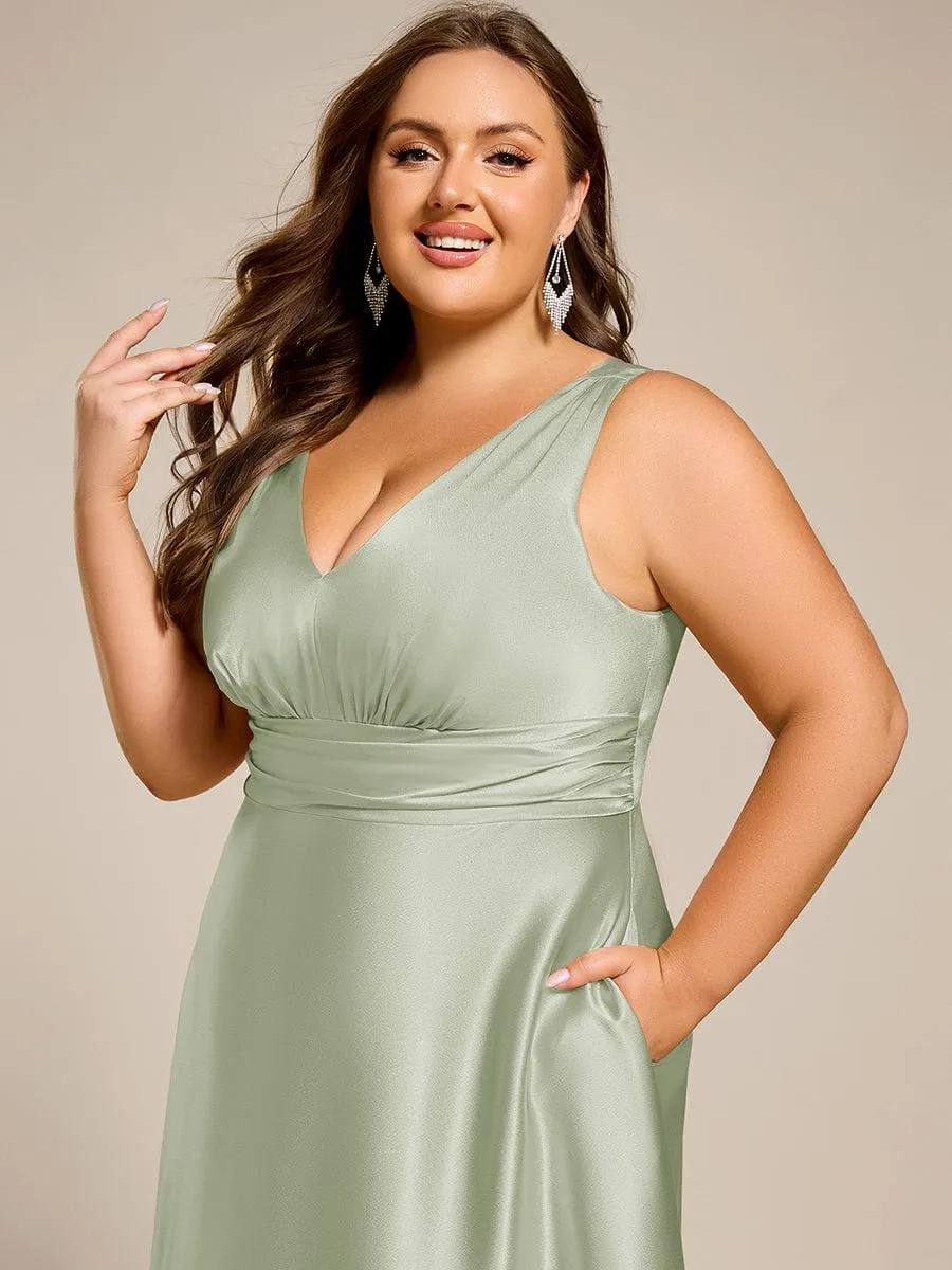 Plus Size Sleeveless Empire Waist Satin Maxi Bridesmaid Dress With Pockets
