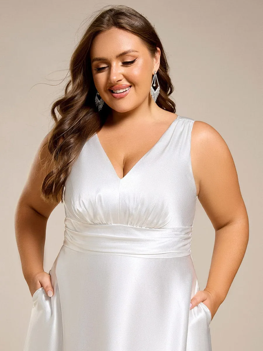 Plus Size Sleeveless Empire Waist Satin Maxi Bridesmaid Dress With Pockets