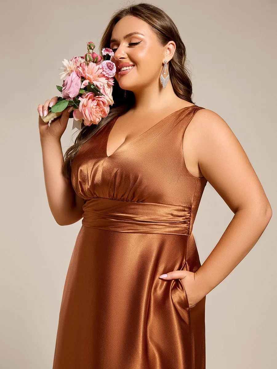 Plus Size Sleeveless Empire Waist Satin Maxi Bridesmaid Dress With Pockets