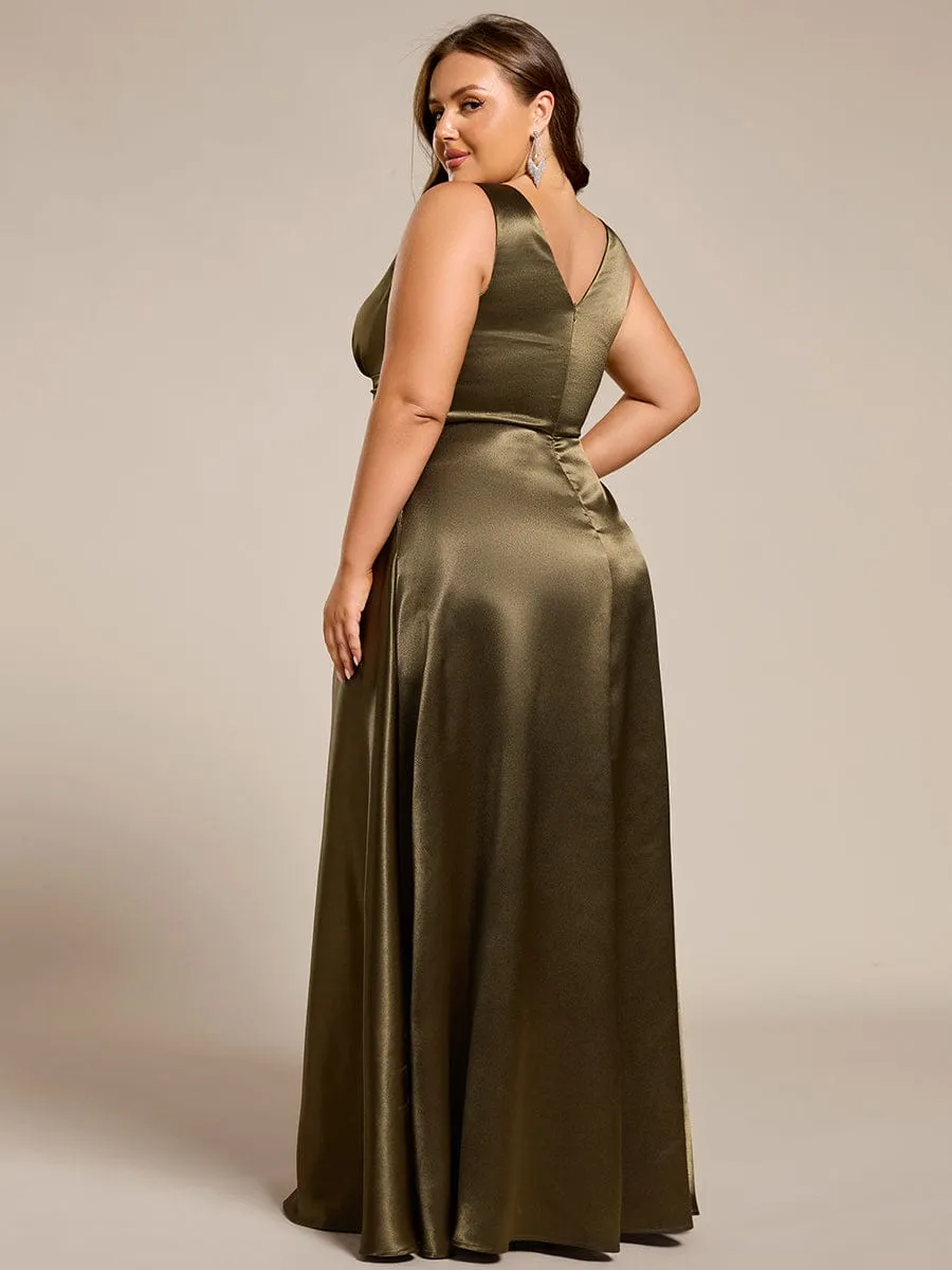 Plus Size Sleeveless Empire Waist Satin Maxi Bridesmaid Dress With Pockets