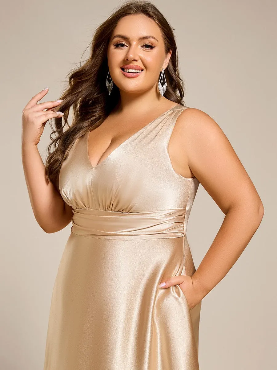Plus Size Sleeveless Empire Waist Satin Maxi Bridesmaid Dress With Pockets