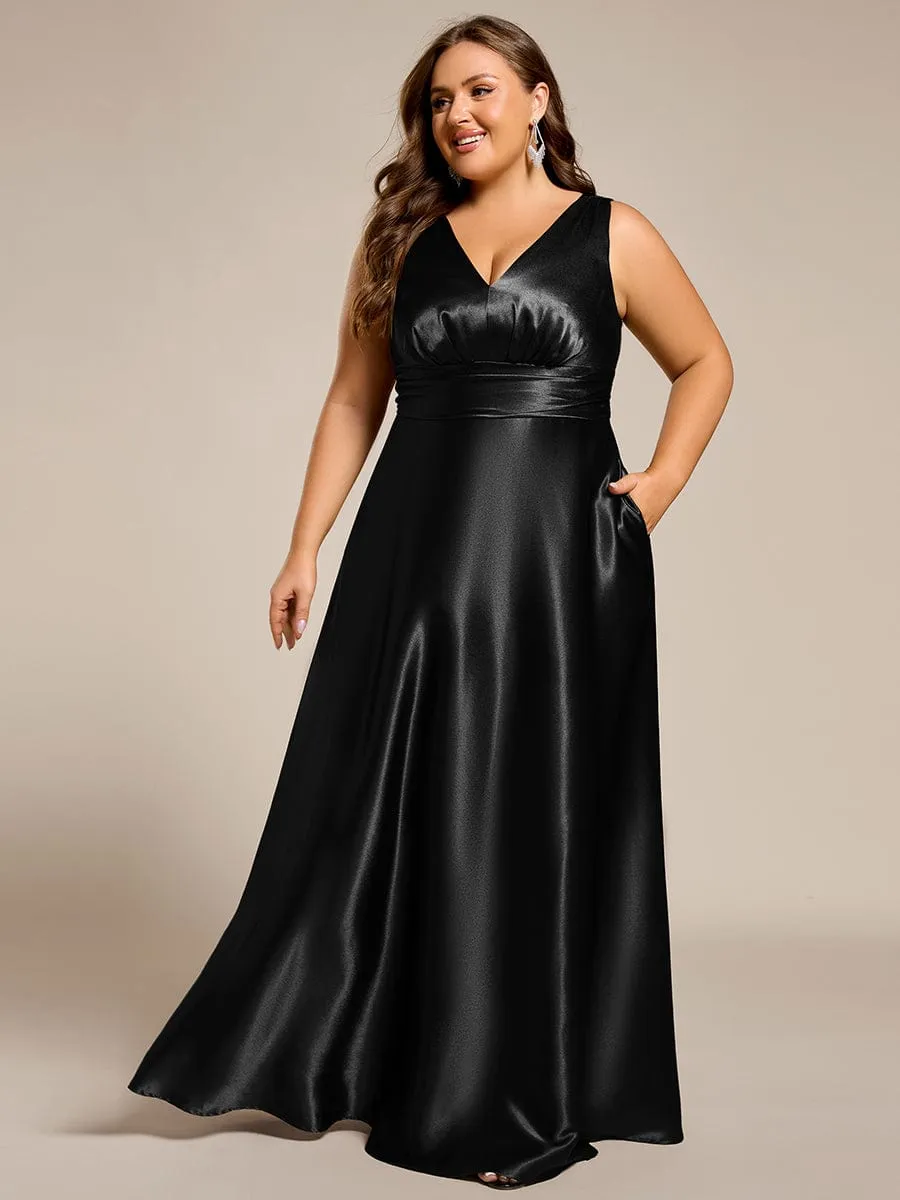 Plus Size Sleeveless Empire Waist Satin Maxi Bridesmaid Dress With Pockets