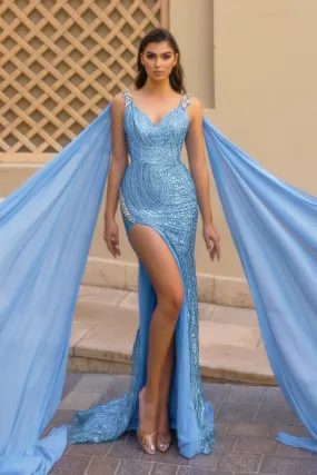 PORTIA & SCARLETT PS22543 Glitter Details Elegant Gown with Cascading Sash
