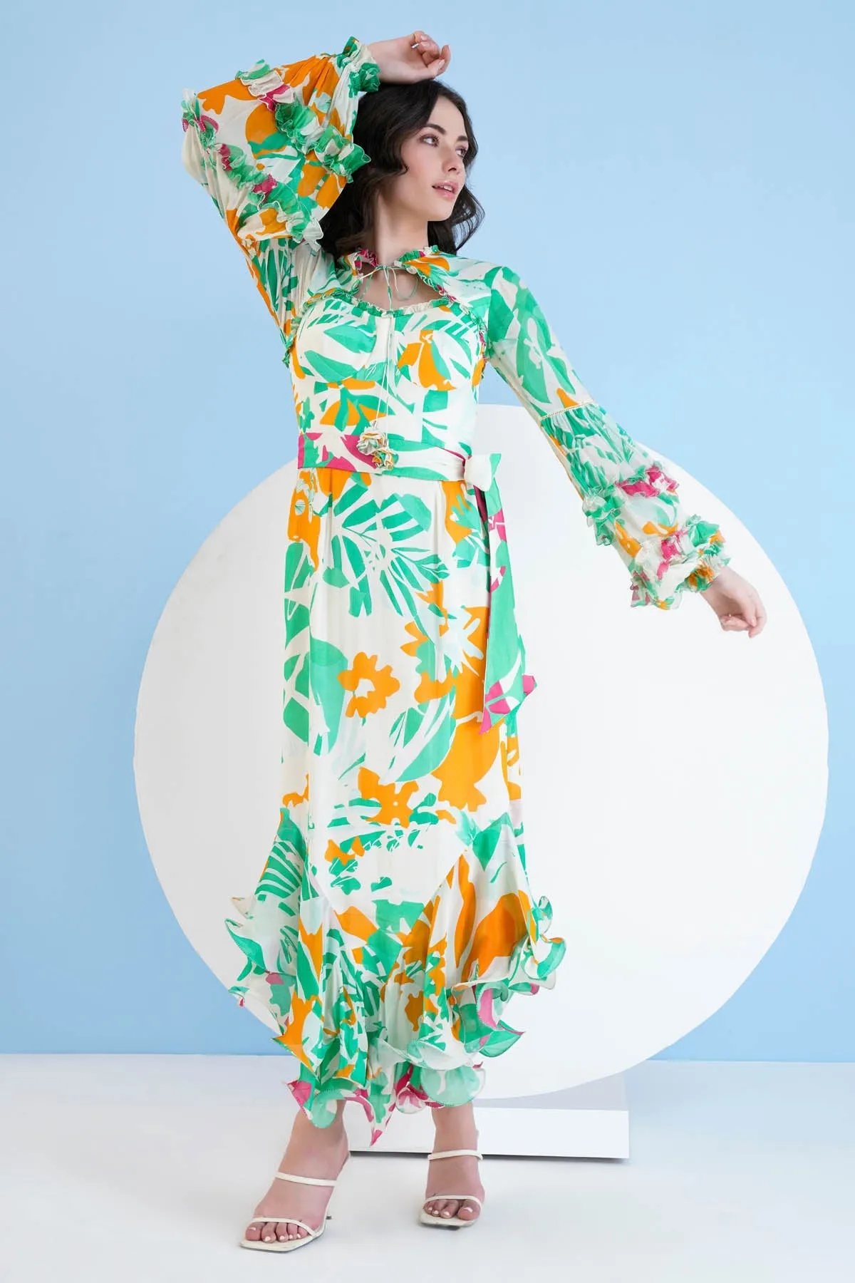 Printed High Low Frill Dress