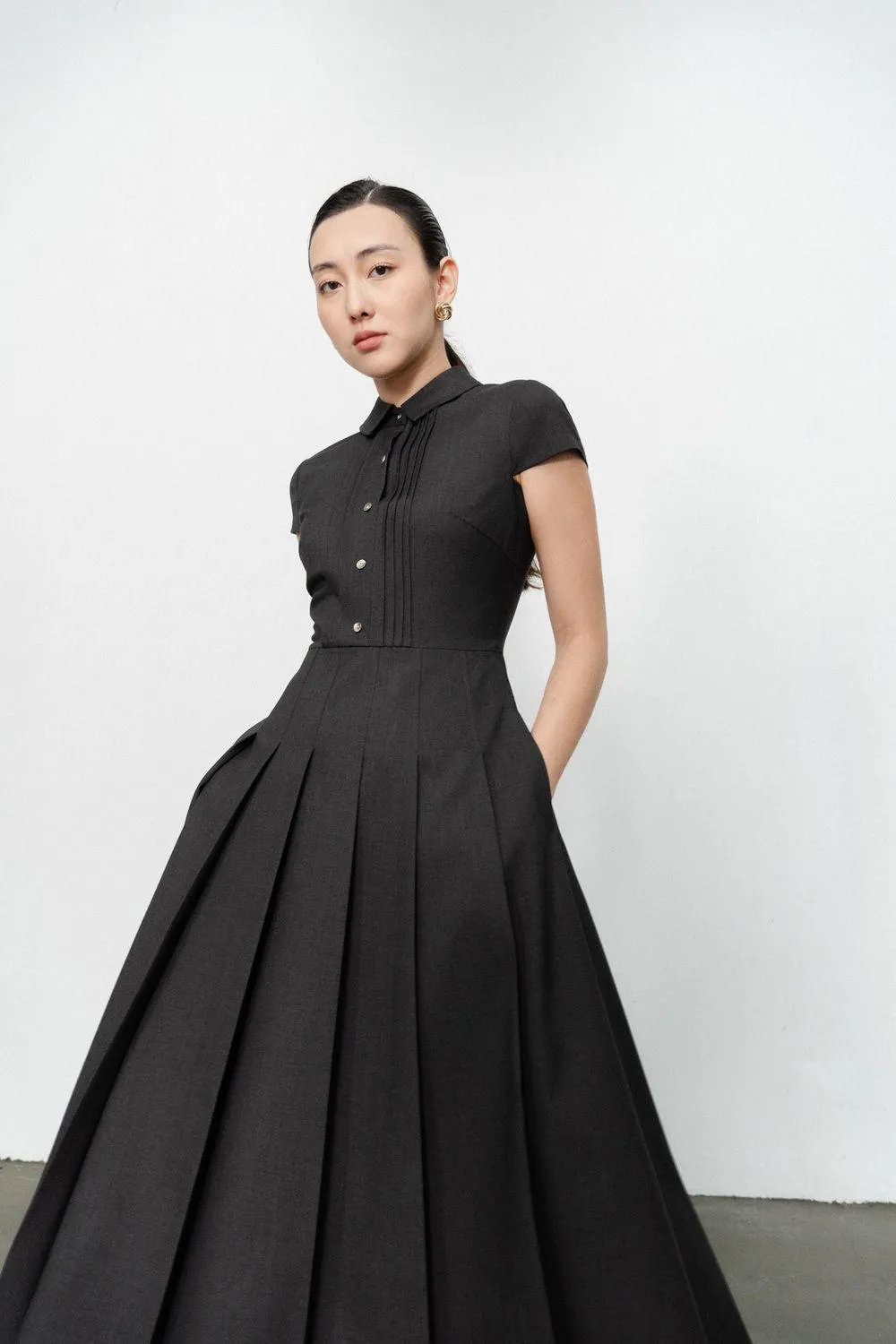 Raegan Fit and Flare Button Wool Midi Dress