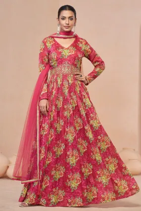 Red Color Floral Printed Work On Beatific Georgette Anarkali Suit