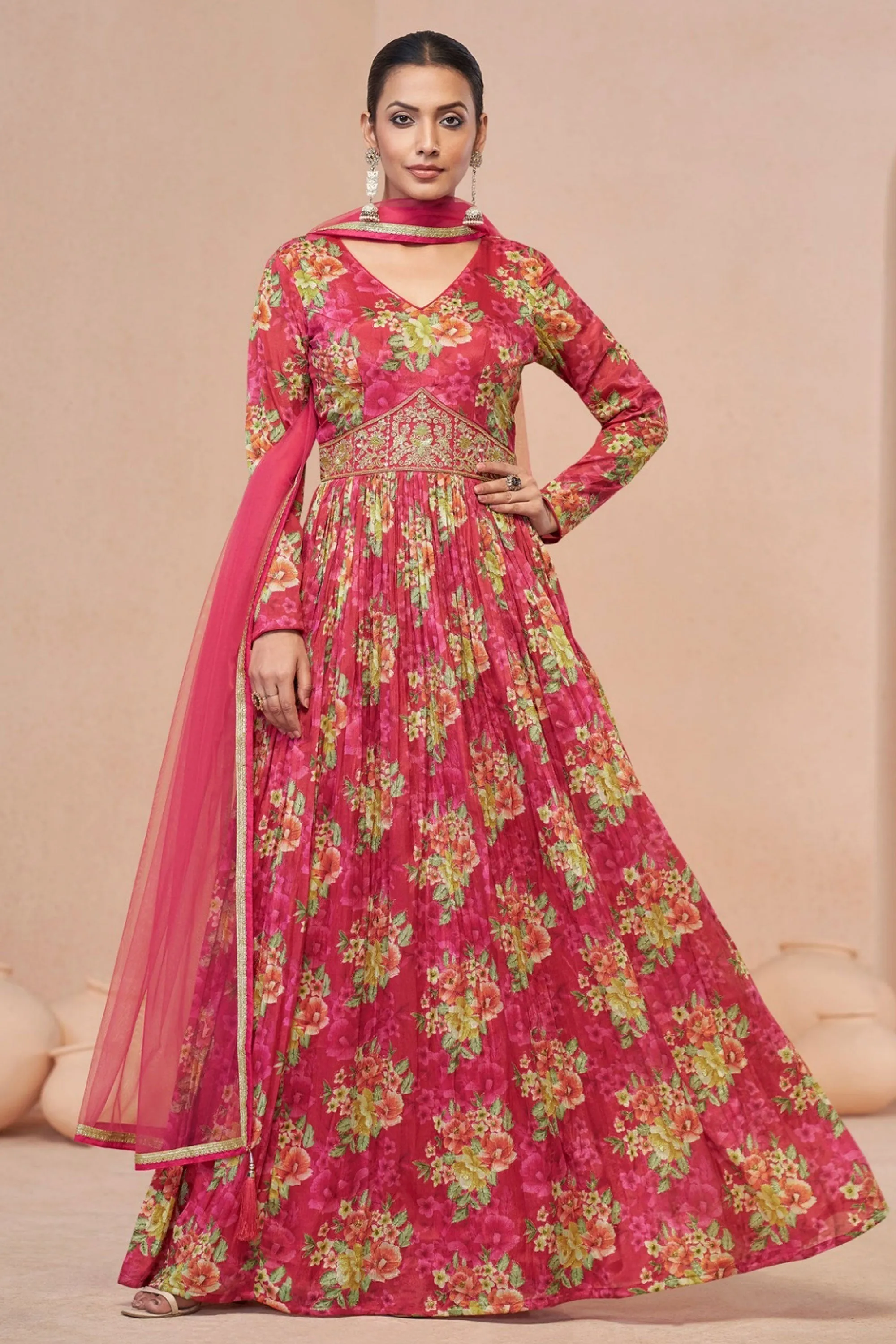 Red Color Floral Printed Work On Beatific Georgette Anarkali Suit
