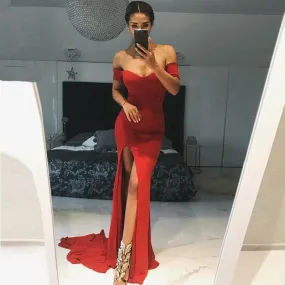 Red Jersey  High-slit Mermaid Prom Dresses