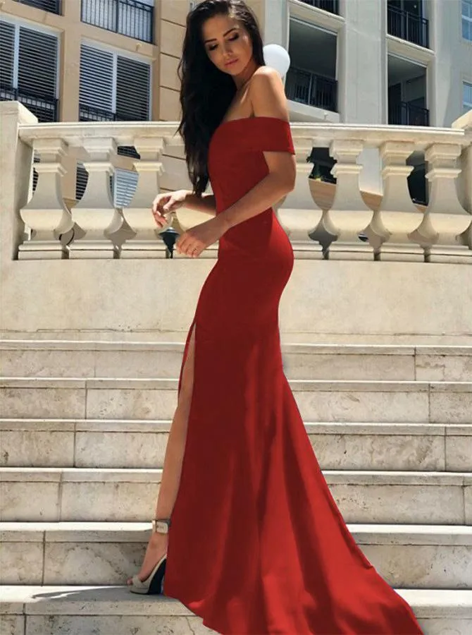 Red Jersey  High-slit Mermaid Prom Dresses