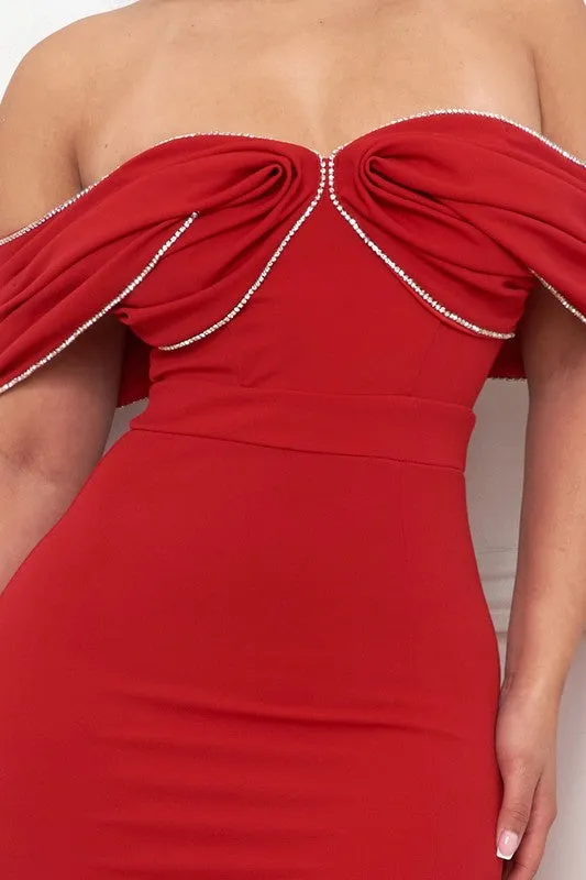 Red Pleated Off Teh Shoulder Maxi Dress