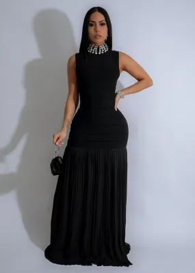 Regal Glow Ribbed Rhinestones Maxi Dress Black
