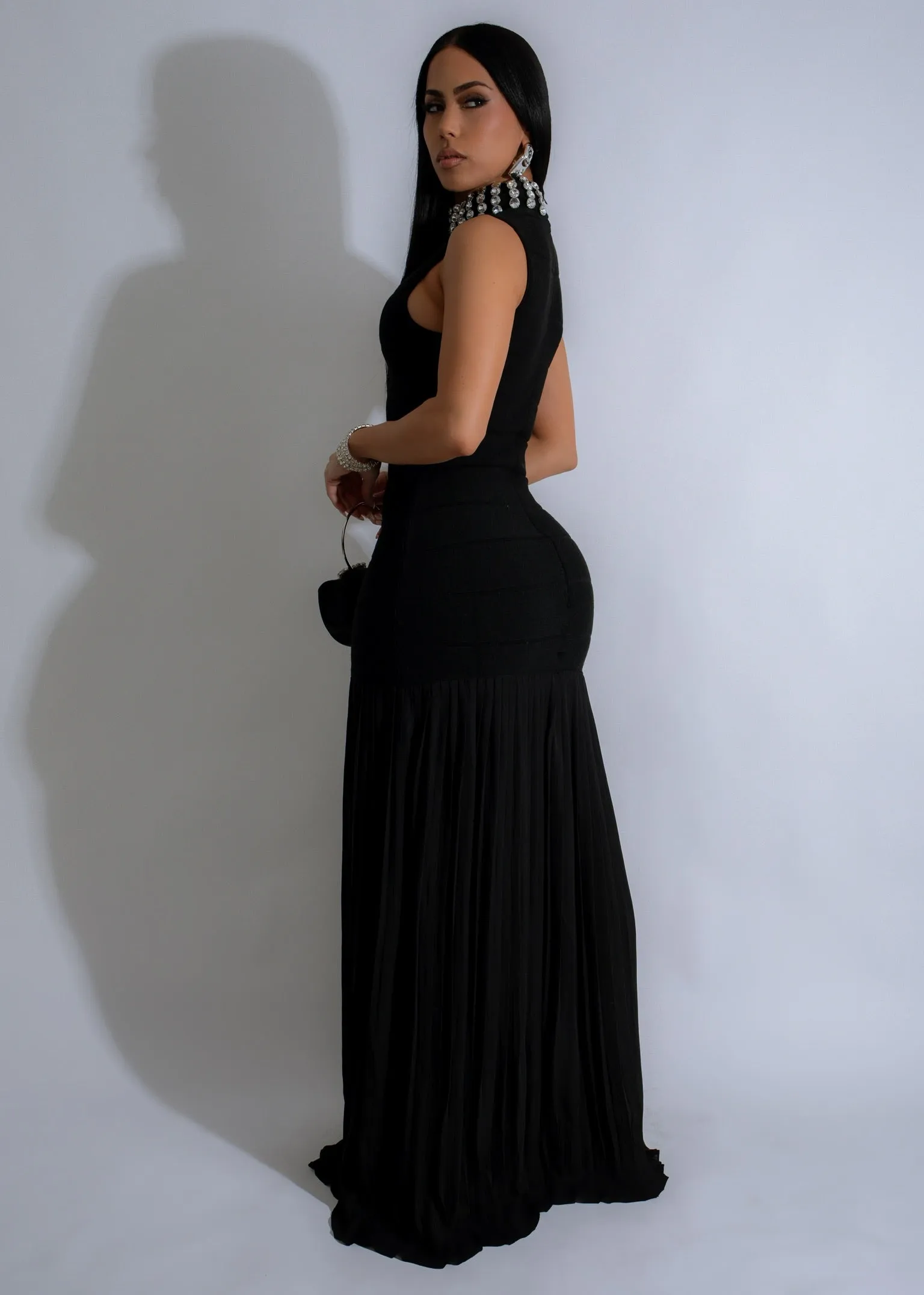 Regal Glow Ribbed Rhinestones Maxi Dress Black