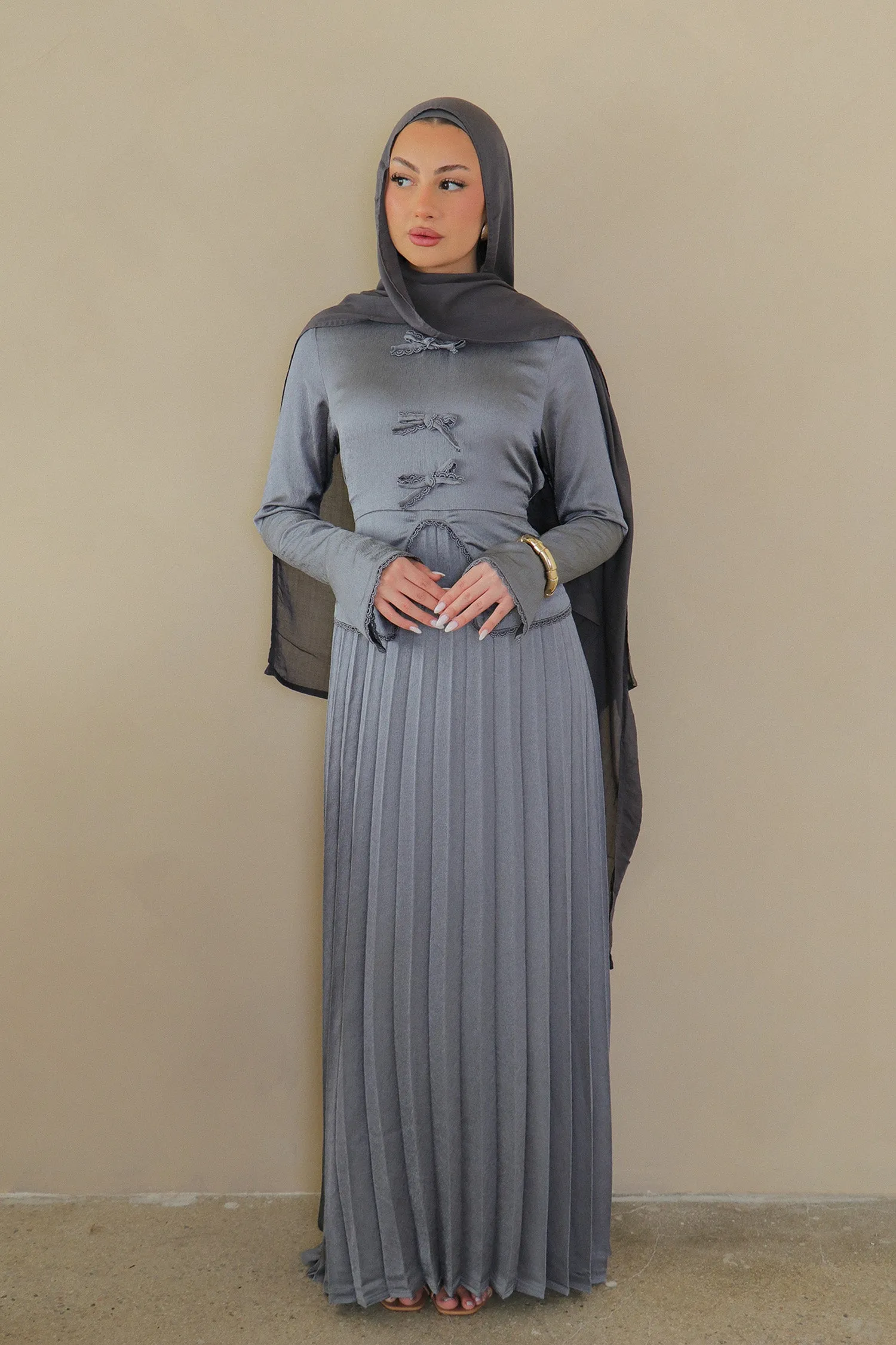 Reham Bow Pleat Dress- Blue Gray