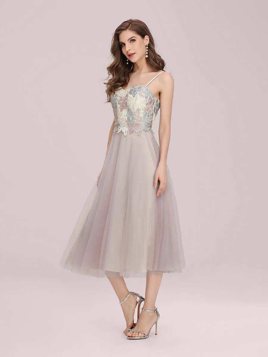 Romantic A-Line Short Tulle Wholesale Bridesmaid Dress with Appliques EP00345