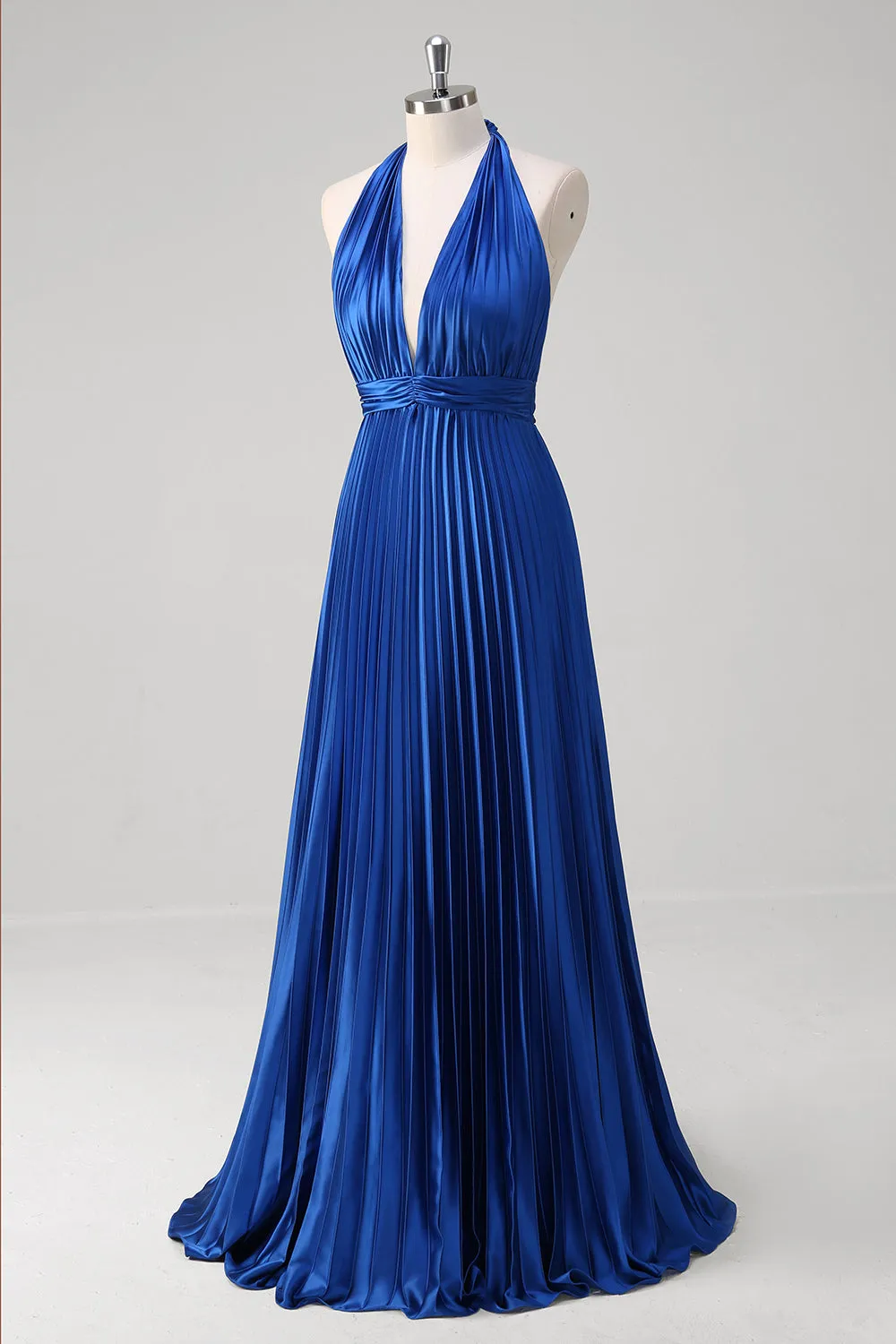 Royal Blue Pleated Halter Backless Bridesmaid Dress
