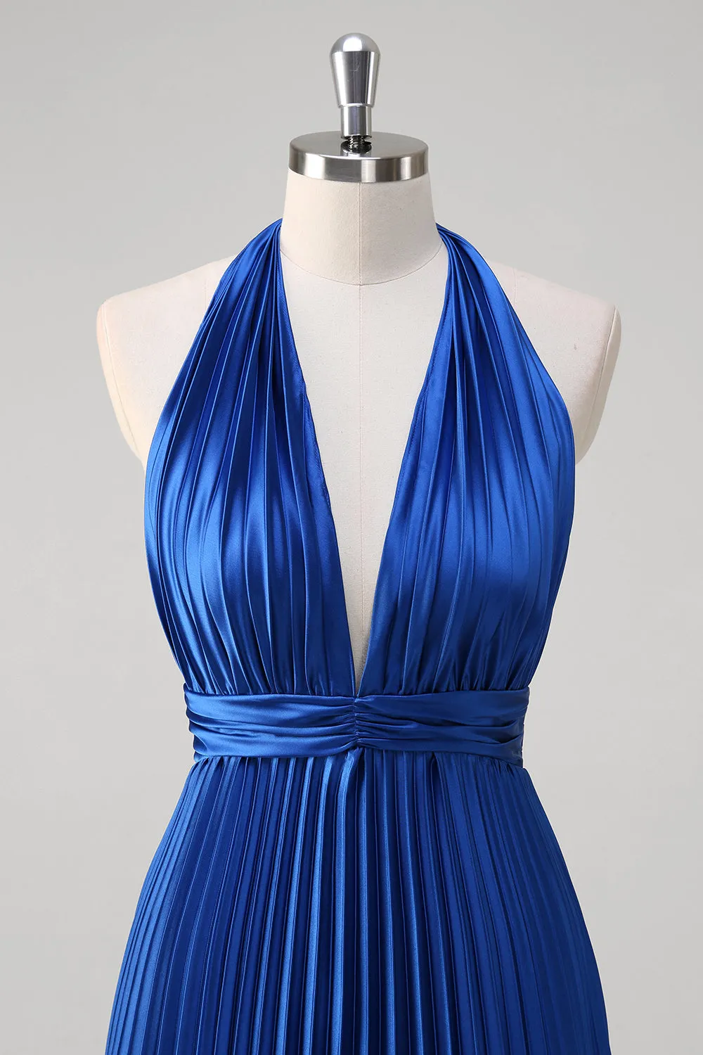 Royal Blue Pleated Halter Backless Bridesmaid Dress