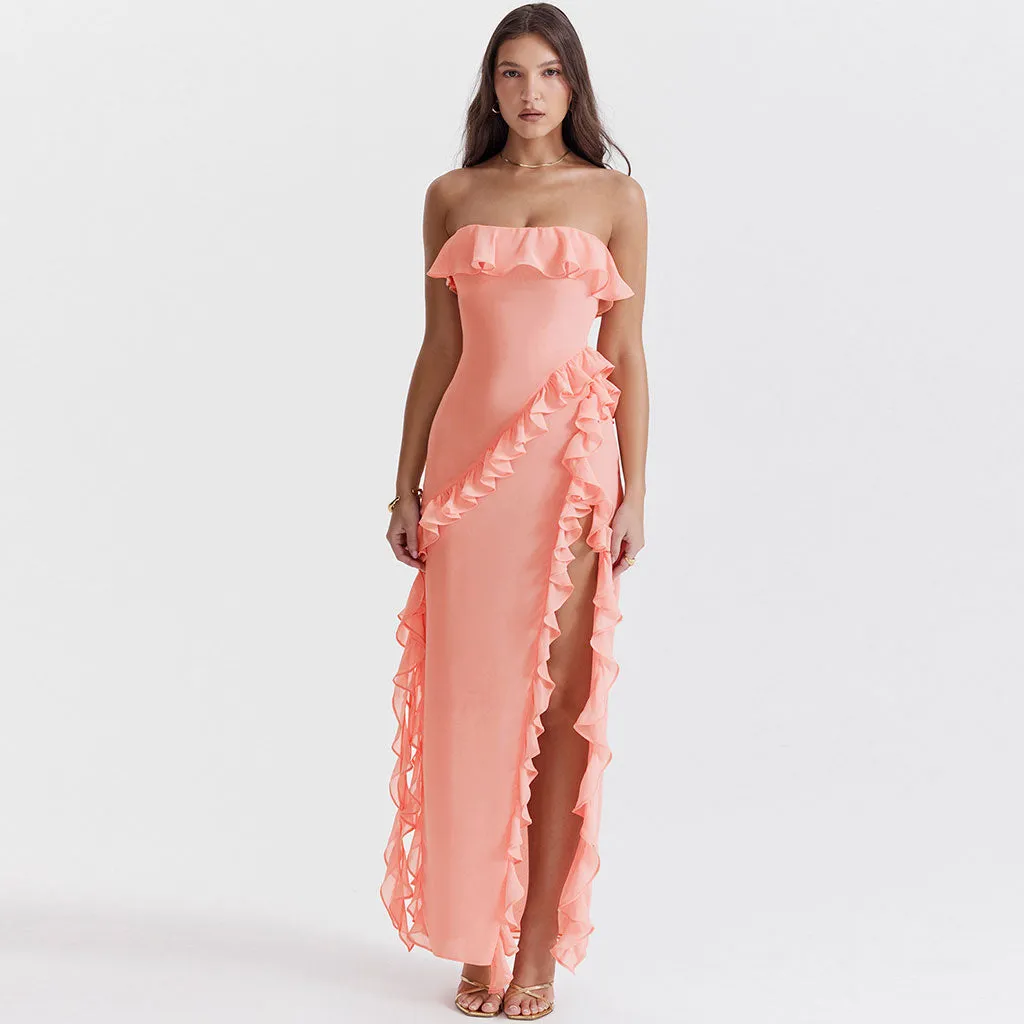 Sexy Ruffled Neck Draped Strap Side High Split Strapless Maxi Evening Dress