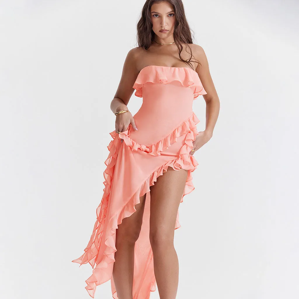 Sexy Ruffled Neck Draped Strap Side High Split Strapless Maxi Evening Dress