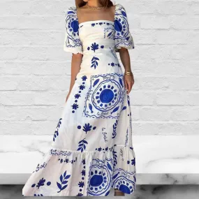 Sherbert Linen Blend Unique Print Square Neck Bubble Sleeve Maxi Dress