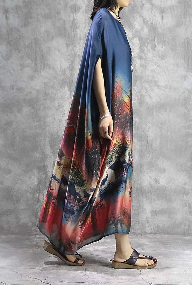 Silk Chiffon Floral Print Maxi Cape Dress