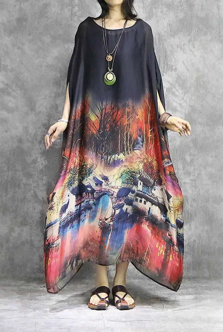 Silk Chiffon Floral Print Maxi Cape Dress