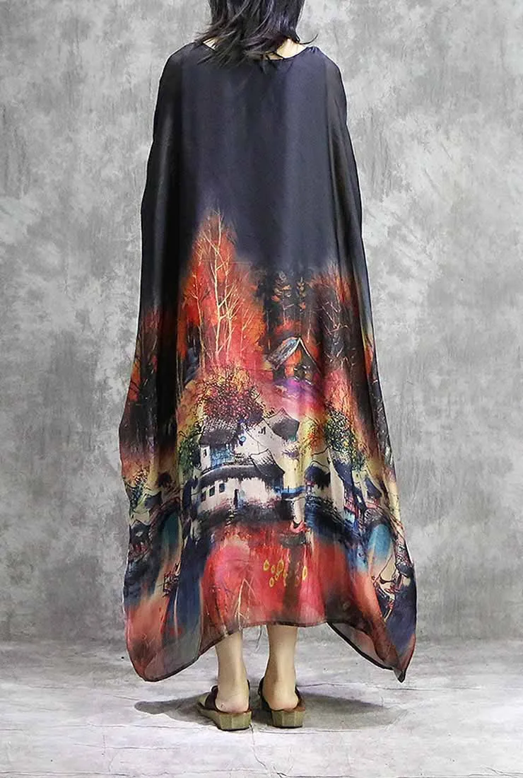 Silk Chiffon Floral Print Maxi Cape Dress