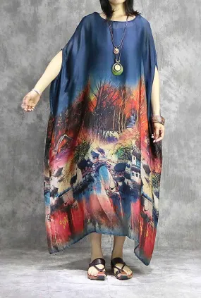 Silk Chiffon Floral Print Maxi Cape Dress