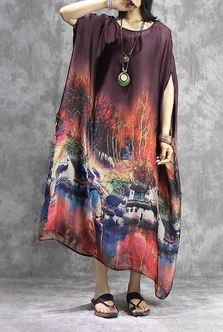 Silk Chiffon Floral Print Maxi Cape Dress
