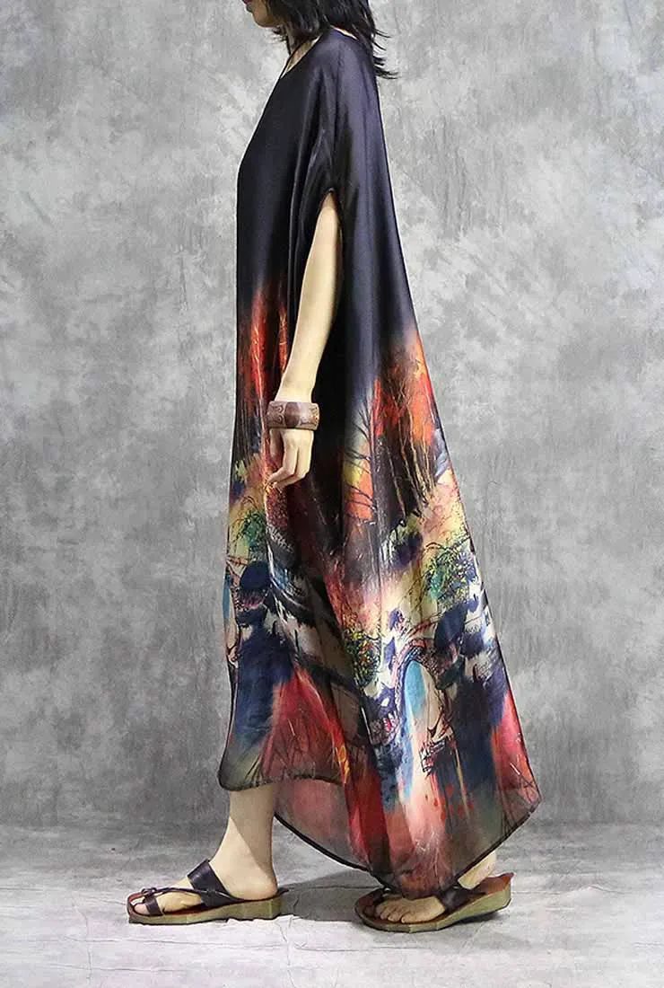 Silk Chiffon Floral Print Maxi Cape Dress