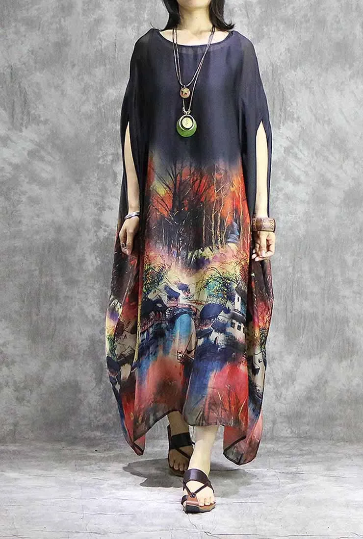 Silk Chiffon Floral Print Maxi Cape Dress