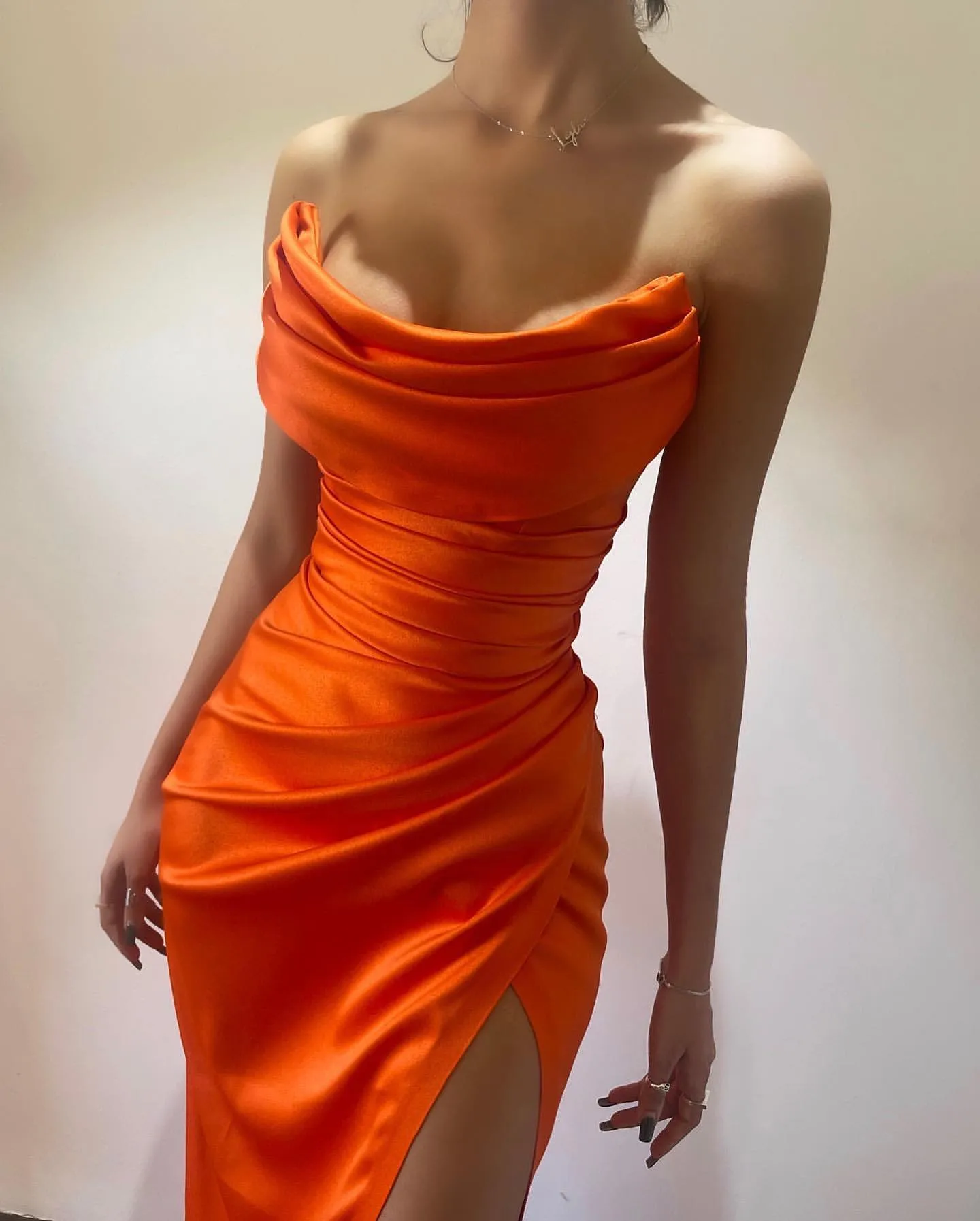 Simple Ankle Length Strapless Sexy Prom Dresses With Slit
