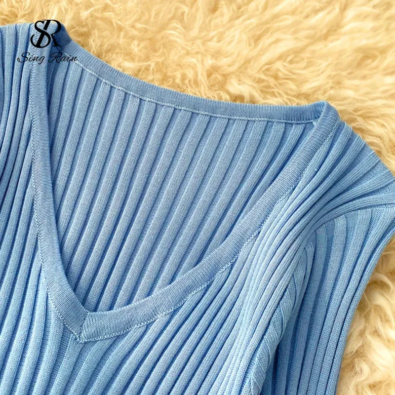 SINGREINY Women Autumn Knitted Dress V Neck Sexy Slim Fit Dress