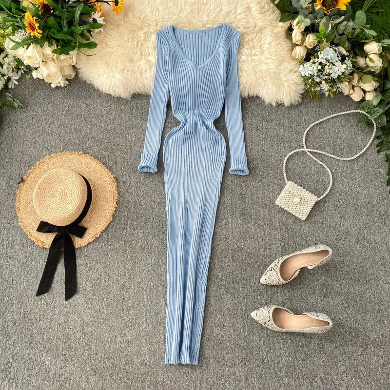 SINGREINY Women Autumn Knitted Dress V Neck Sexy Slim Fit Dress