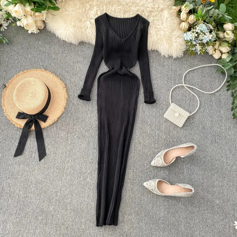 SINGREINY Women Autumn Knitted Dress V Neck Sexy Slim Fit Dress