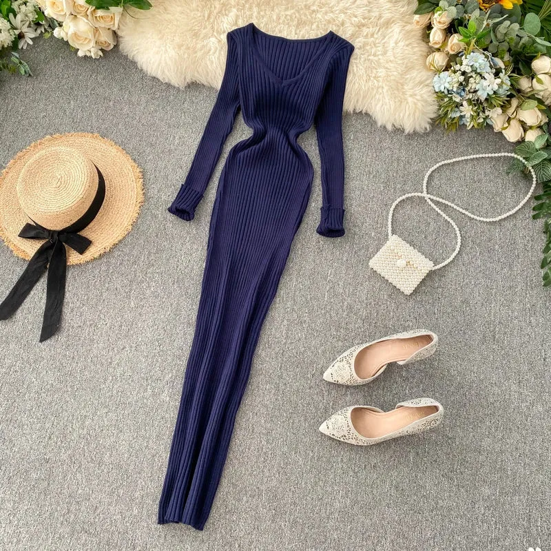 SINGREINY Women Autumn Knitted Dress V Neck Sexy Slim Fit Dress