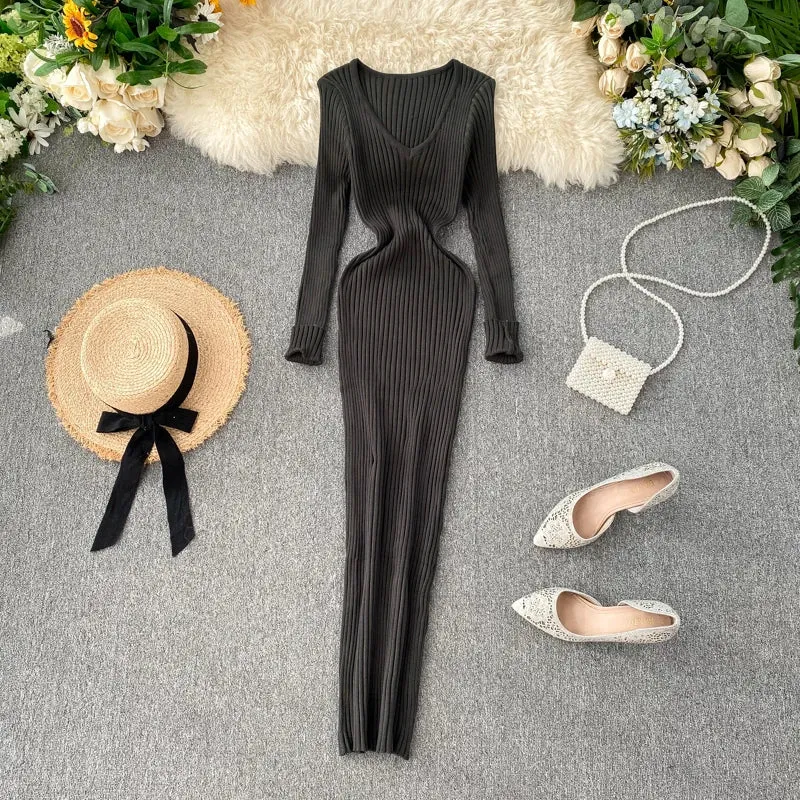 SINGREINY Women Autumn Knitted Dress V Neck Sexy Slim Fit Dress