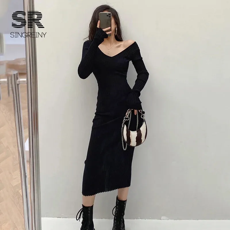 SINGREINY Women Autumn Knitted Dress V Neck Sexy Slim Fit Dress
