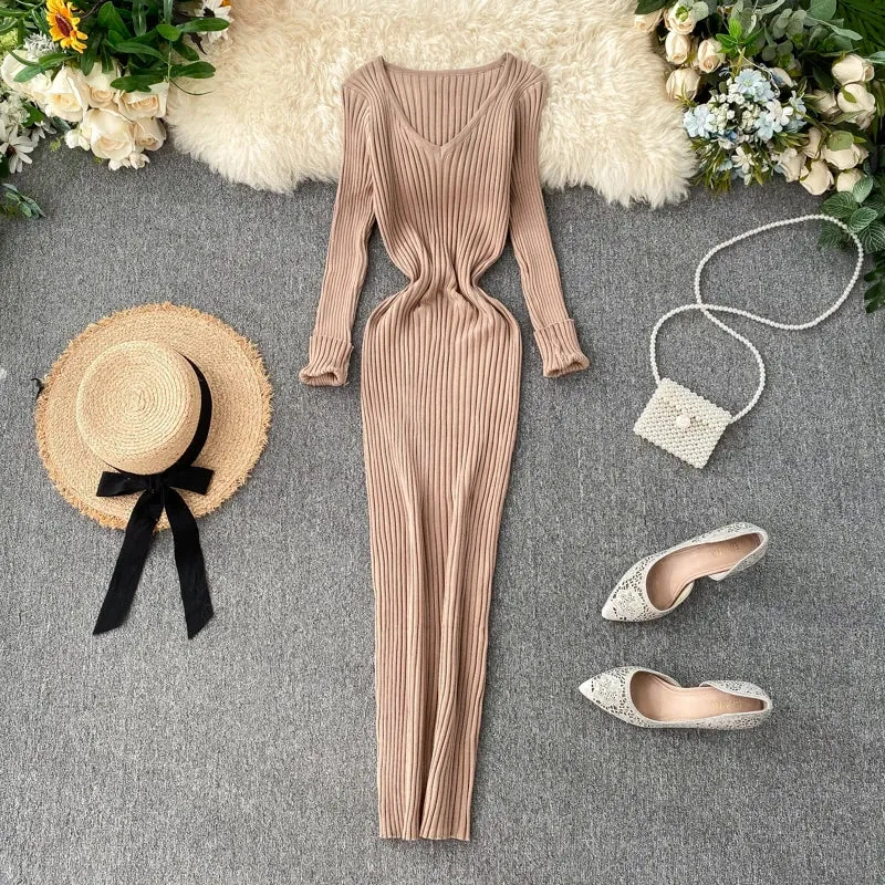 SINGREINY Women Autumn Knitted Dress V Neck Sexy Slim Fit Dress
