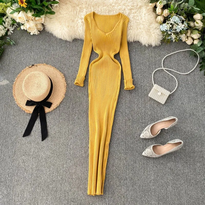 SINGREINY Women Autumn Knitted Dress V Neck Sexy Slim Fit Dress