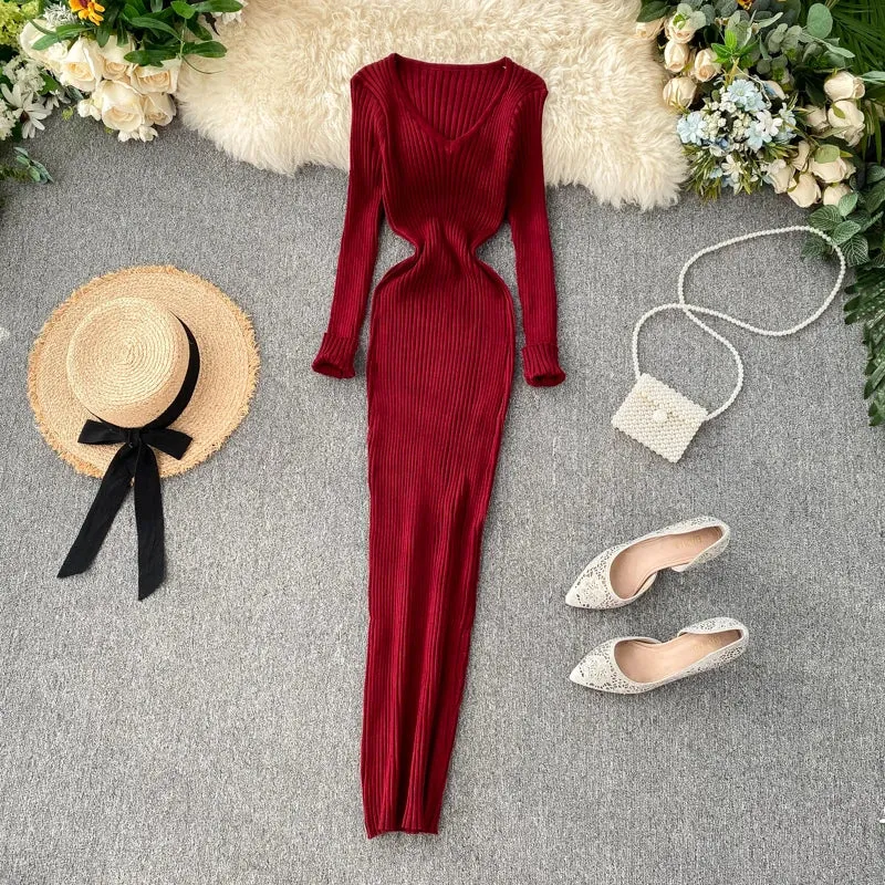 SINGREINY Women Autumn Knitted Dress V Neck Sexy Slim Fit Dress