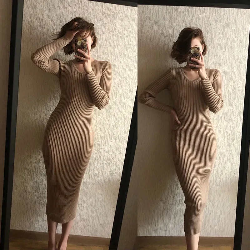 SINGREINY Women Autumn Knitted Dress V Neck Sexy Slim Fit Dress