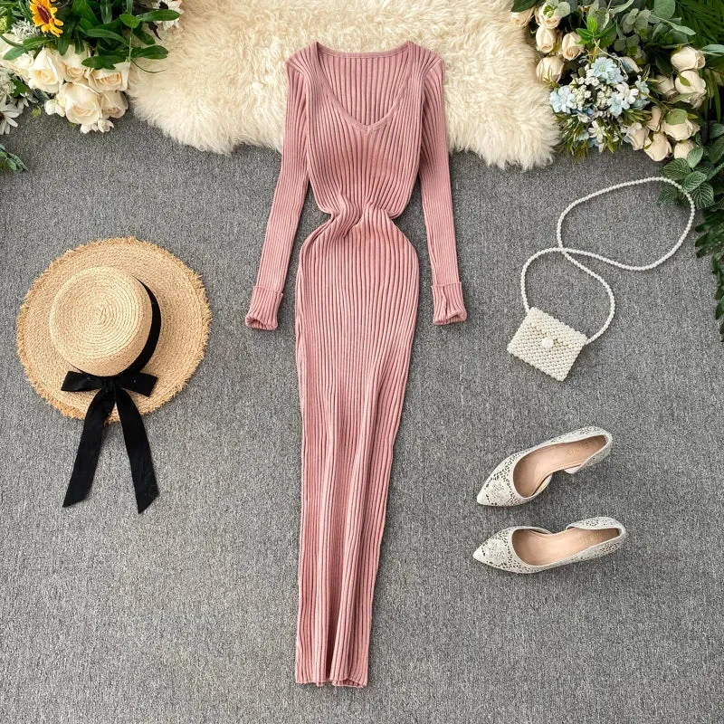 SINGREINY Women Autumn Knitted Dress V Neck Sexy Slim Fit Dress