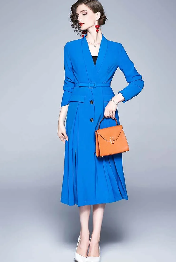 Solid Color V-neck Belted A-line Shirt Dress
