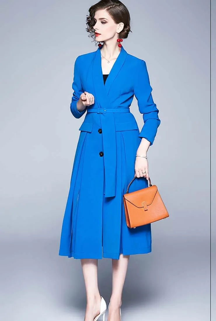 Solid Color V-neck Belted A-line Shirt Dress