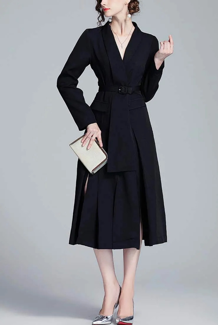 Solid Color V-neck Belted A-line Shirt Dress