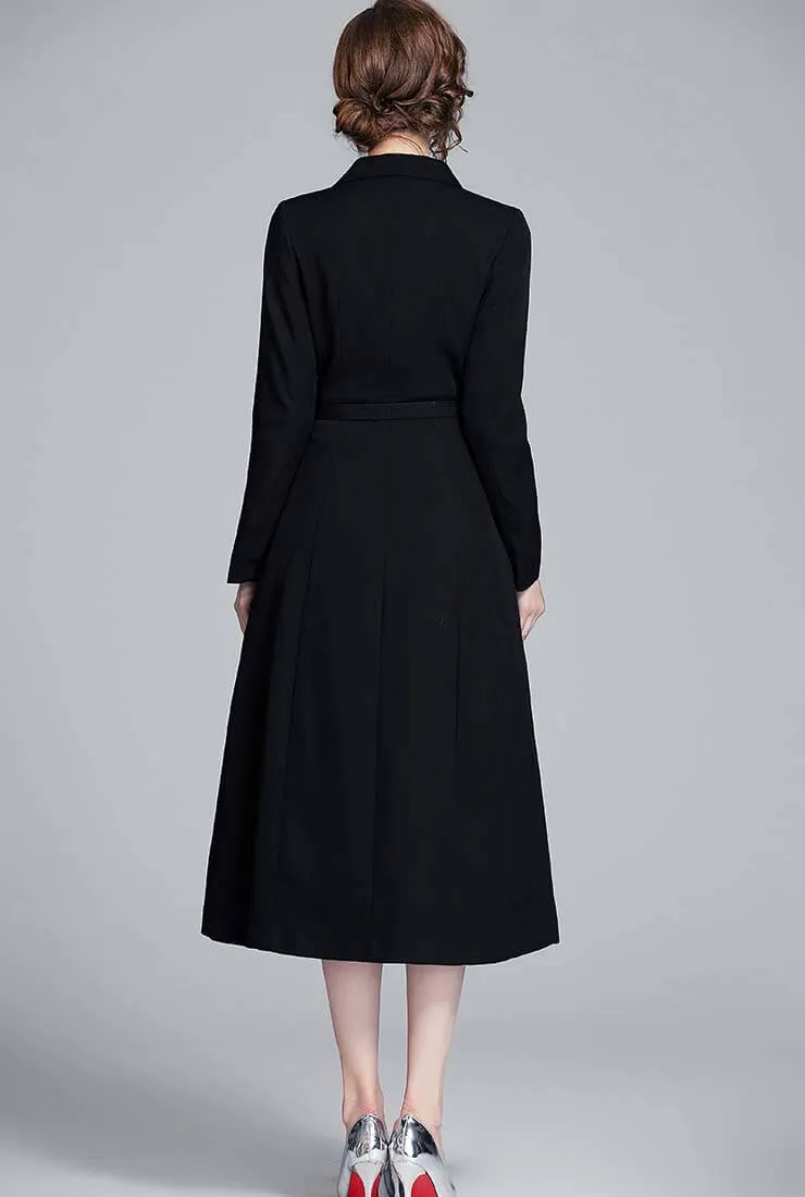 Solid Color V-neck Belted A-line Shirt Dress