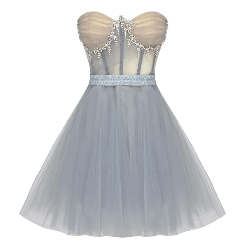 Sparkly Bowknot Crystal Bandeau Strapless Semi Sheer Corset Mini Tulle Dress