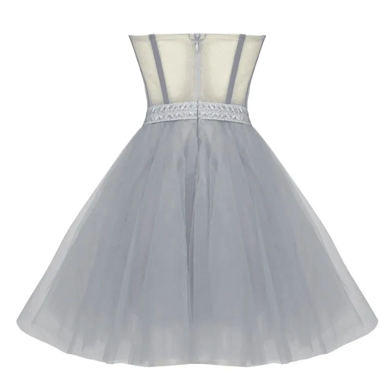 Sparkly Bowknot Crystal Bandeau Strapless Semi Sheer Corset Mini Tulle Dress