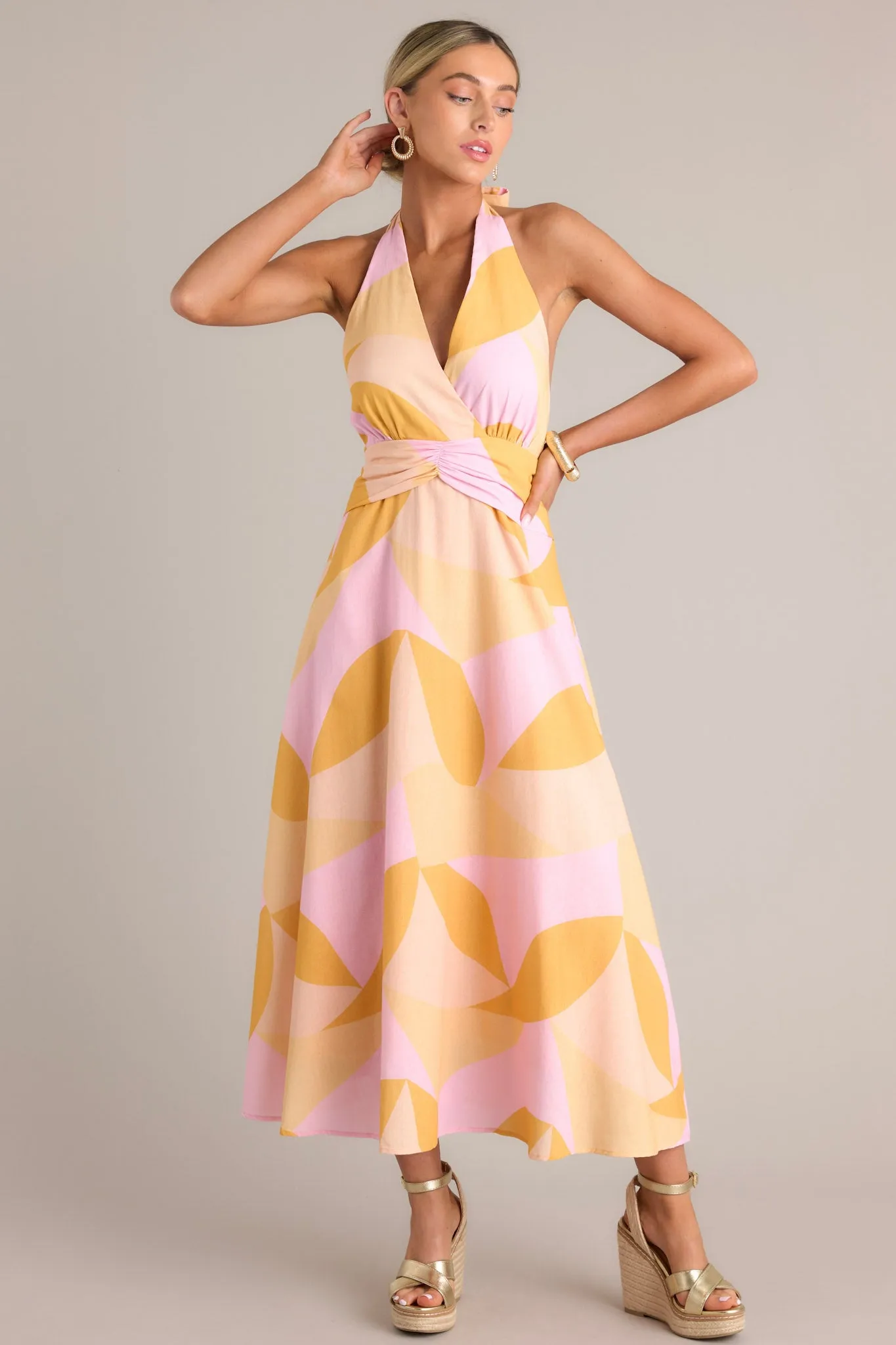 Sunset Sorbet Light Pink & Orange Halter Maxi Dress