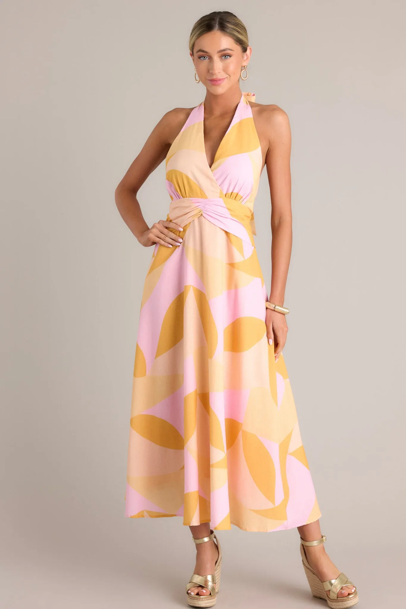 Sunset Sorbet Light Pink & Orange Halter Maxi Dress